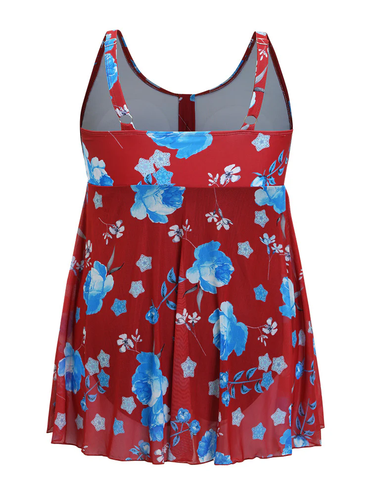 Floral Print Split Front Ruched A Line Swim Dress - Image 10