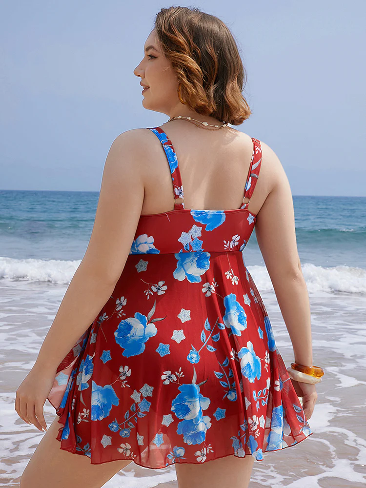 Floral Print Split Front Ruched A Line Swim Dress - Image 2