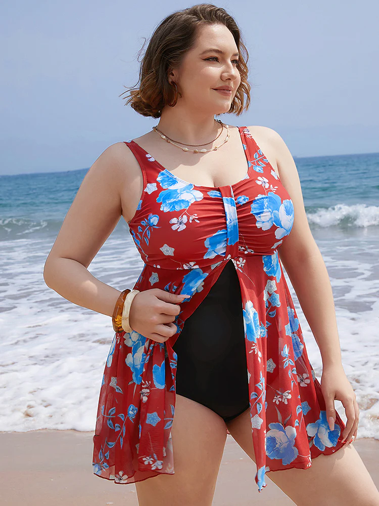 Floral Print Split Front Ruched A Line Swim Dress - Image 3
