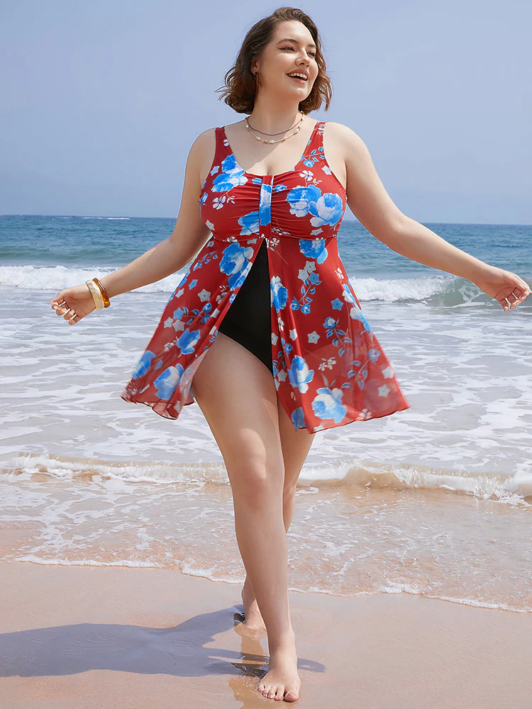 Floral Print Split Front Ruched A Line Swim Dress - Image 5