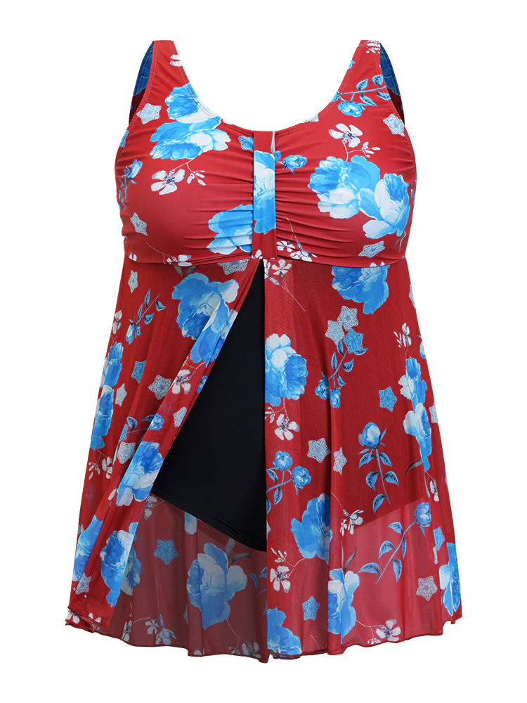 Floral Print Split Front Ruched A Line Swim Dress - Image 8