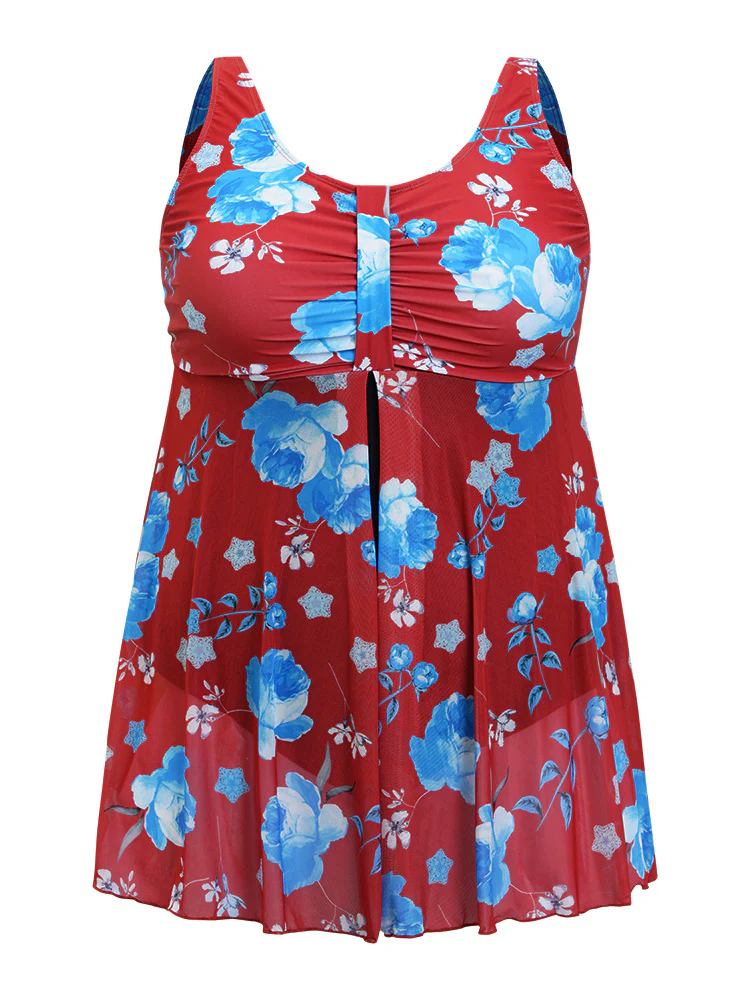 Floral Print Split Front Ruched A Line Swim Dress - Image 9