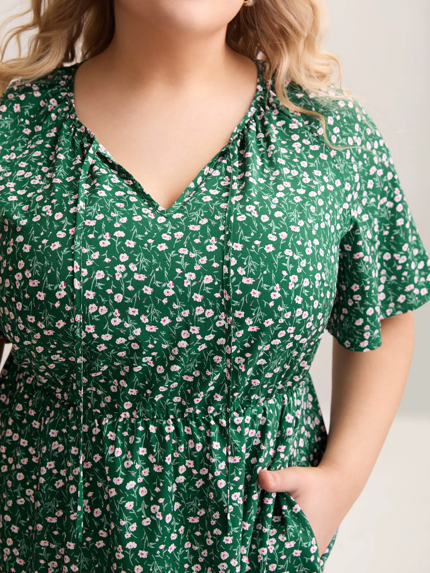 Floral Print Split Neck Pockets Midi Dress - Image 2