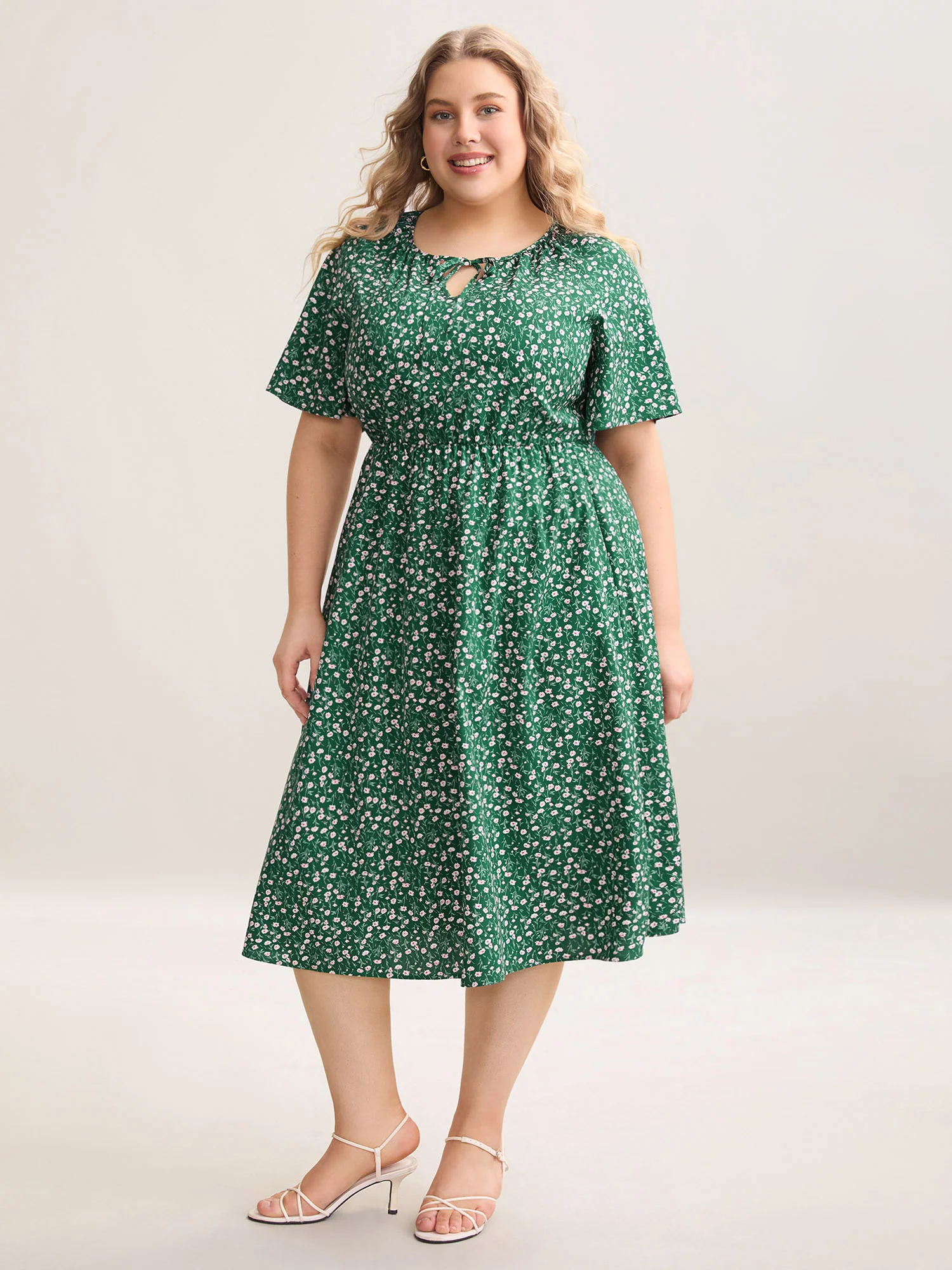 Floral Print Split Neck Pockets Midi Dress - Image 3
