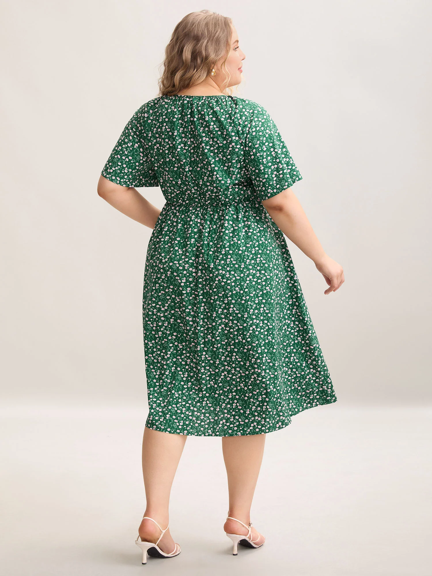 Floral Print Split Neck Pockets Midi Dress - Image 4