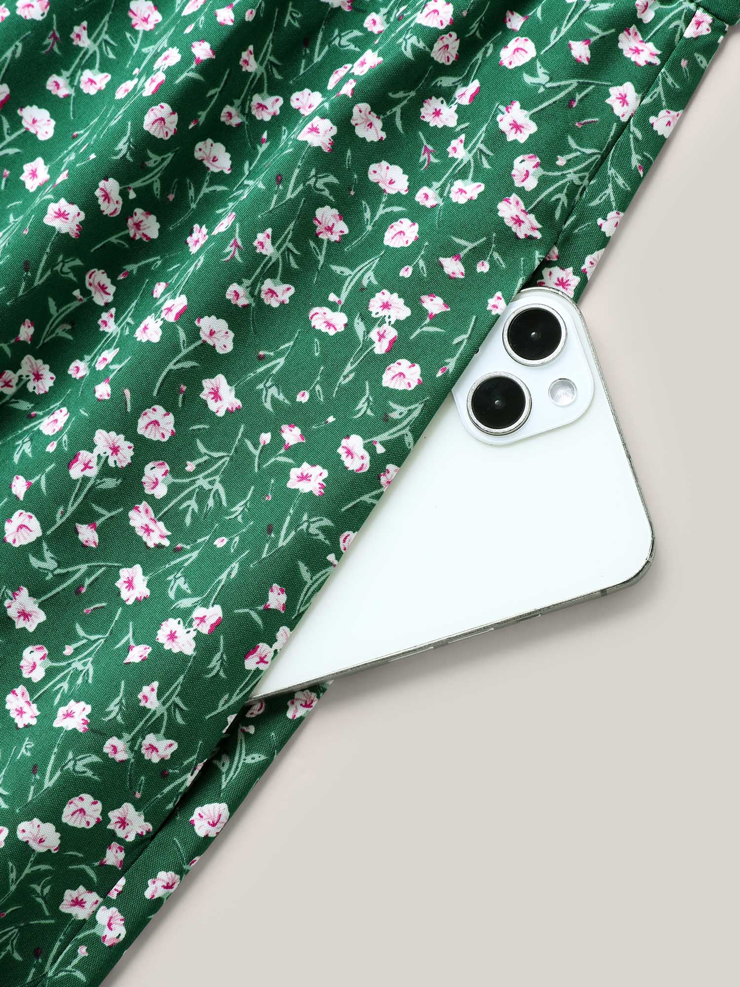 Floral Print Split Neck Pockets Midi Dress - Image 6