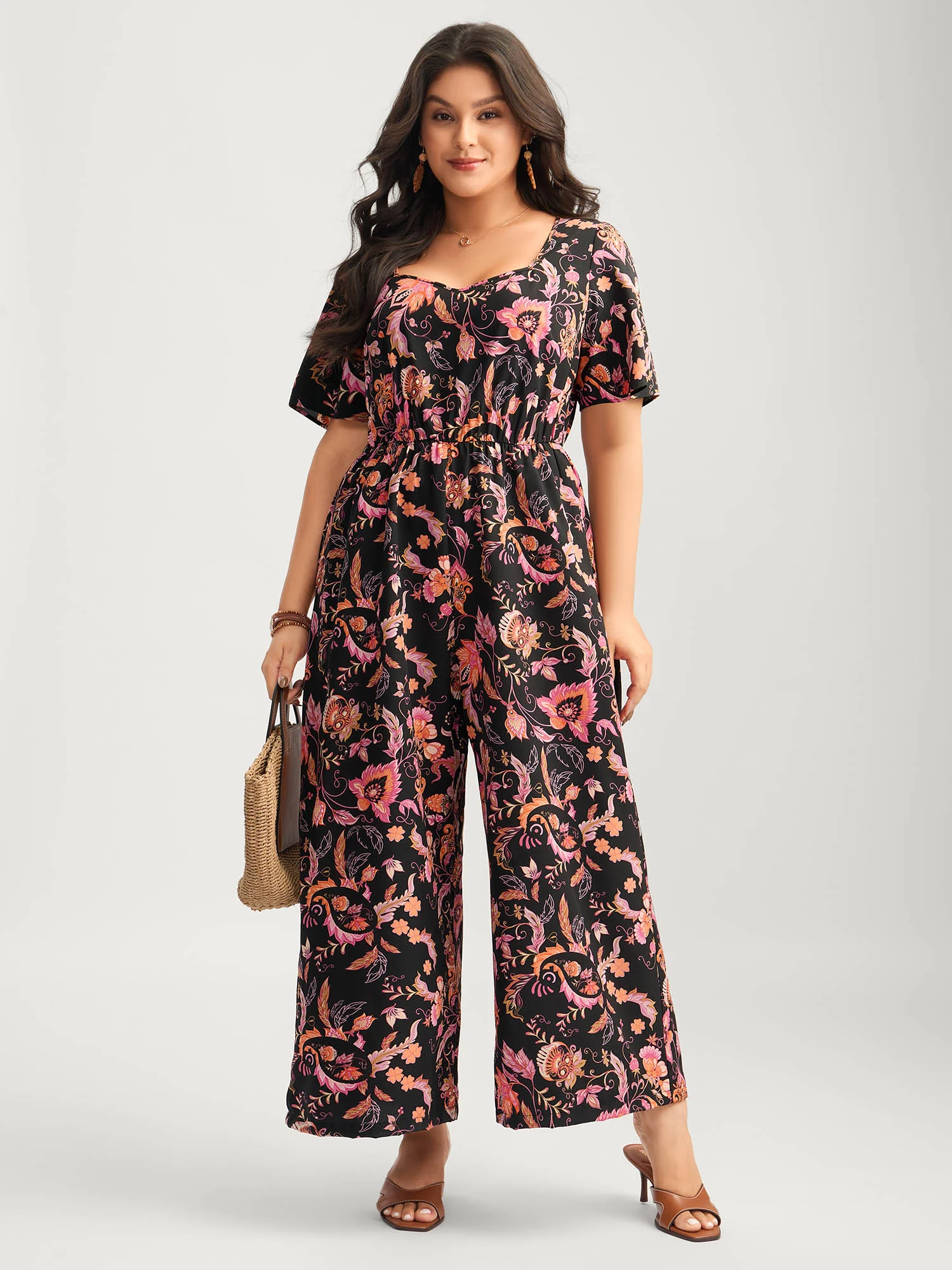 Floral Print Square Neck Pockets Jumpsuit - Image 3