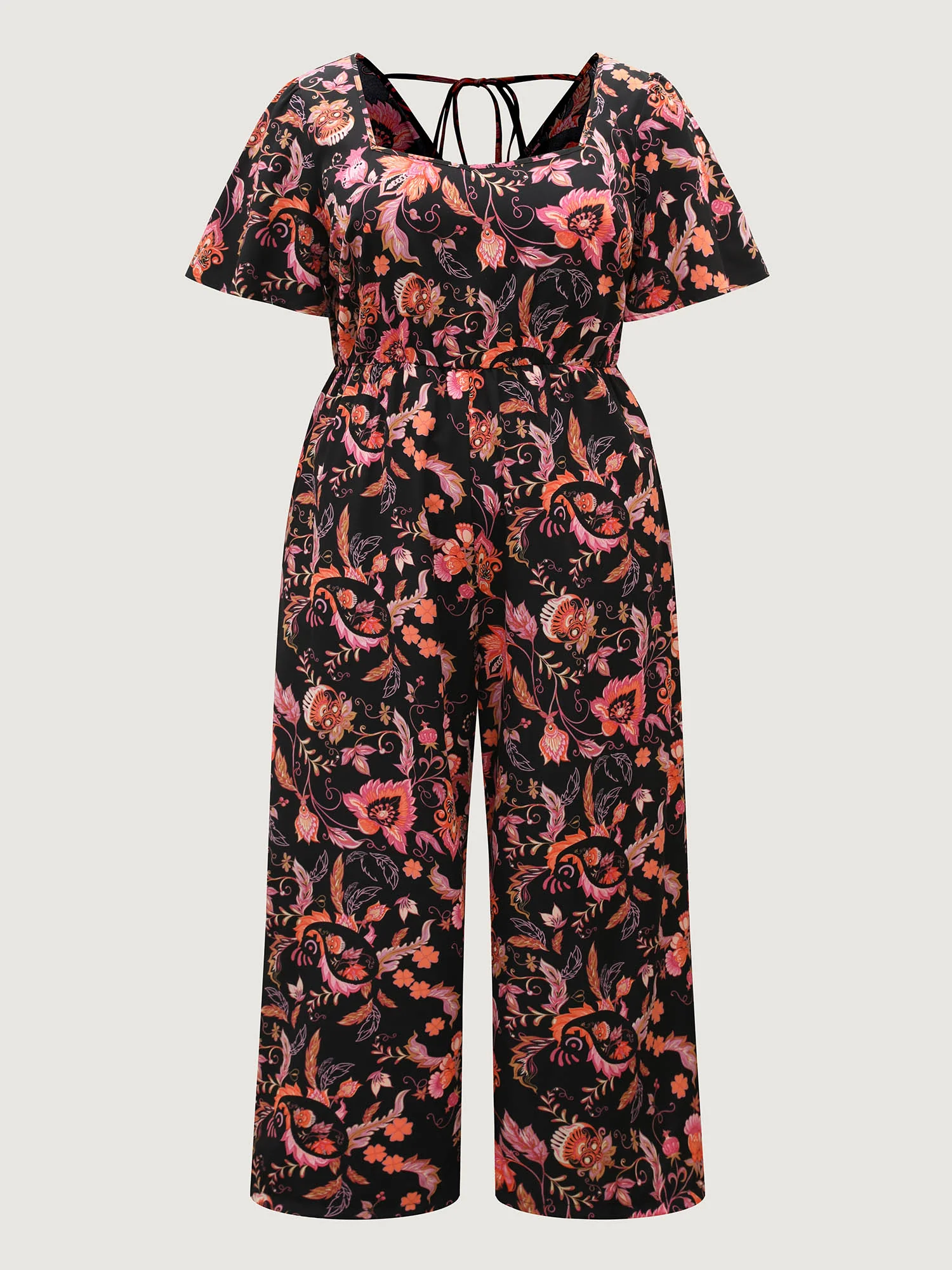 Floral Print Square Neck Pockets Jumpsuit - Image 7