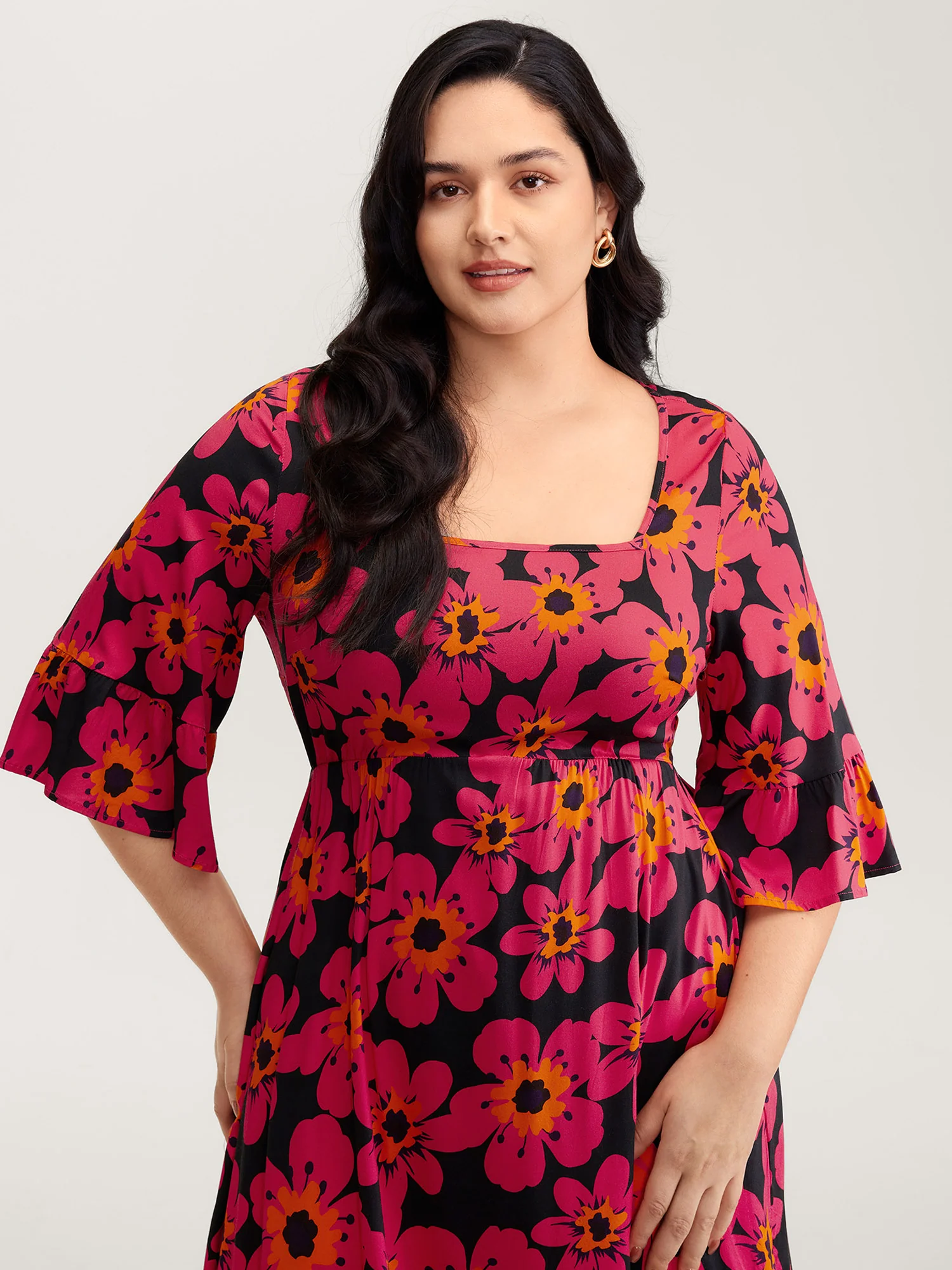 Floral Print Square Neck Pockets Maxi Dress - Image 2
