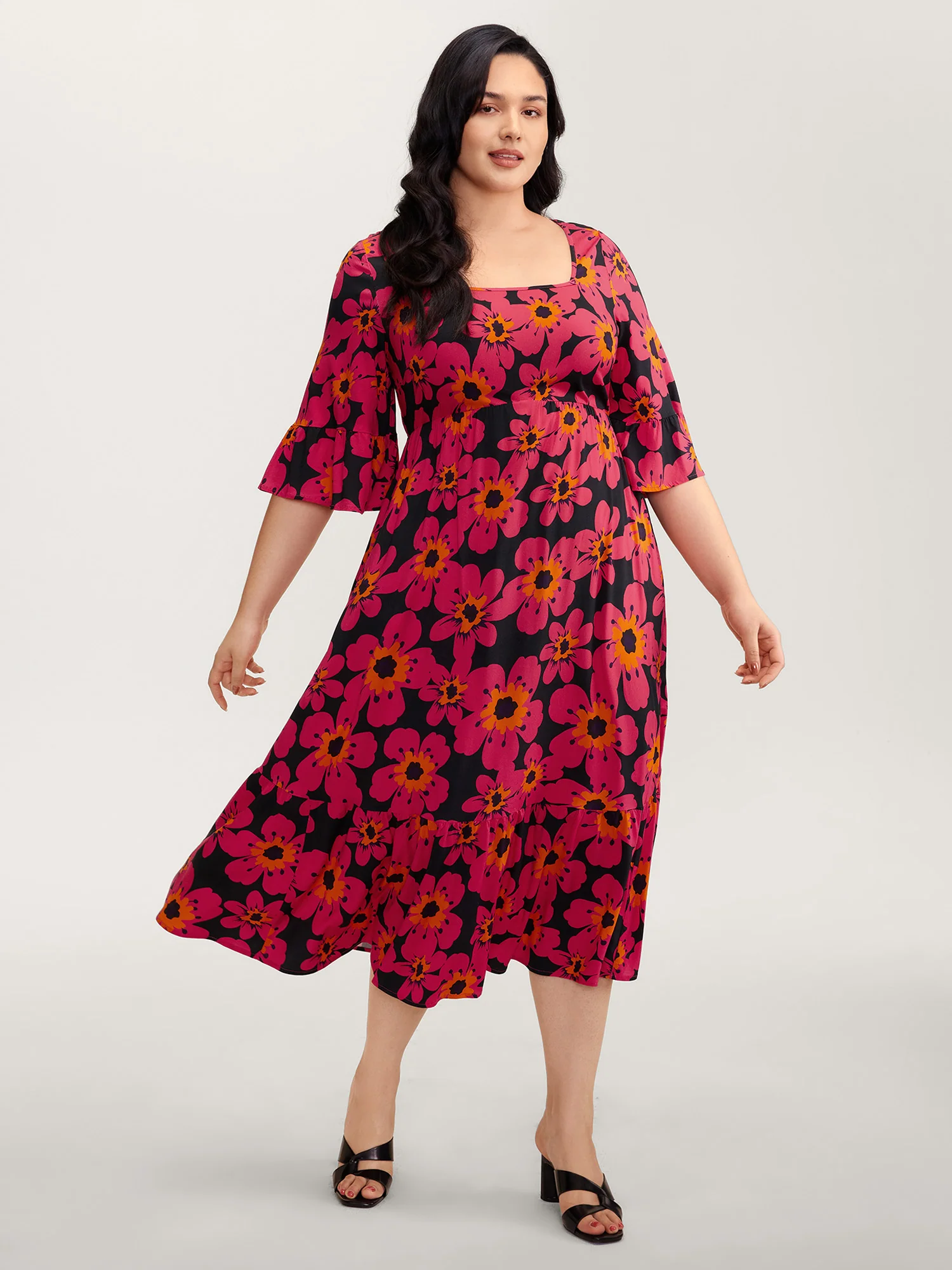 Floral Print Square Neck Pockets Maxi Dress - Image 3