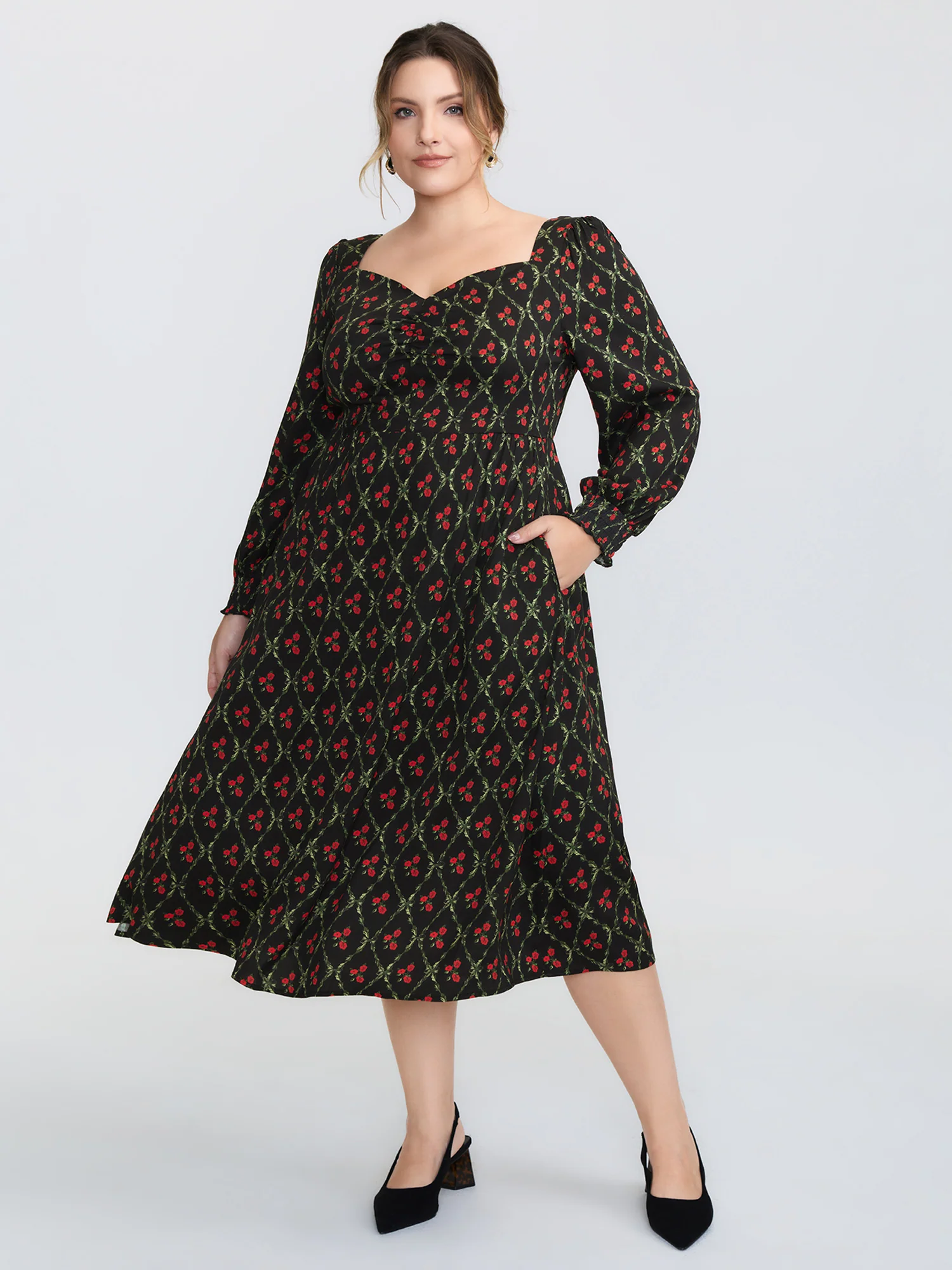 Floral Print Square Neck Ruched Midi Dress - Image 3