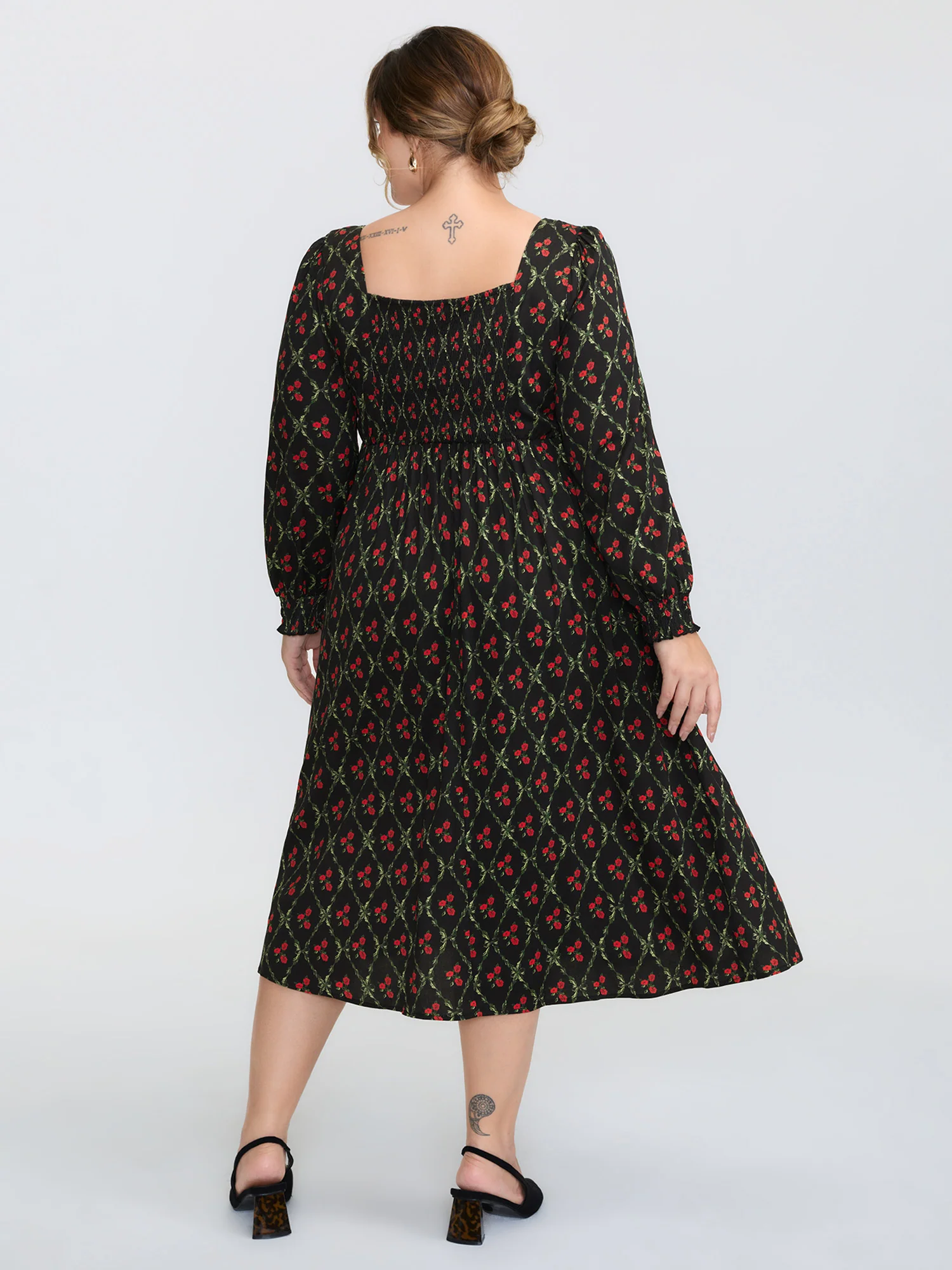 Floral Print Square Neck Ruched Midi Dress - Image 4