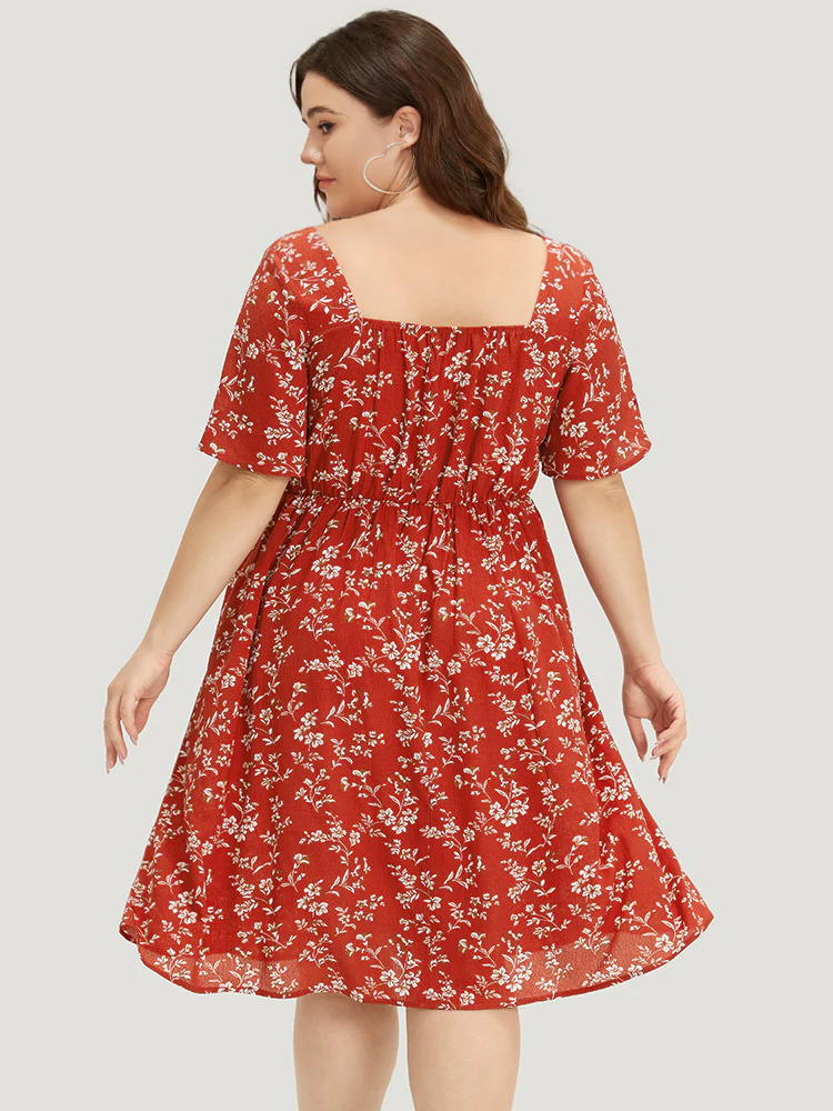 Floral Print Square Neck Ruched Ruffles Drawstring Dress - Image 2