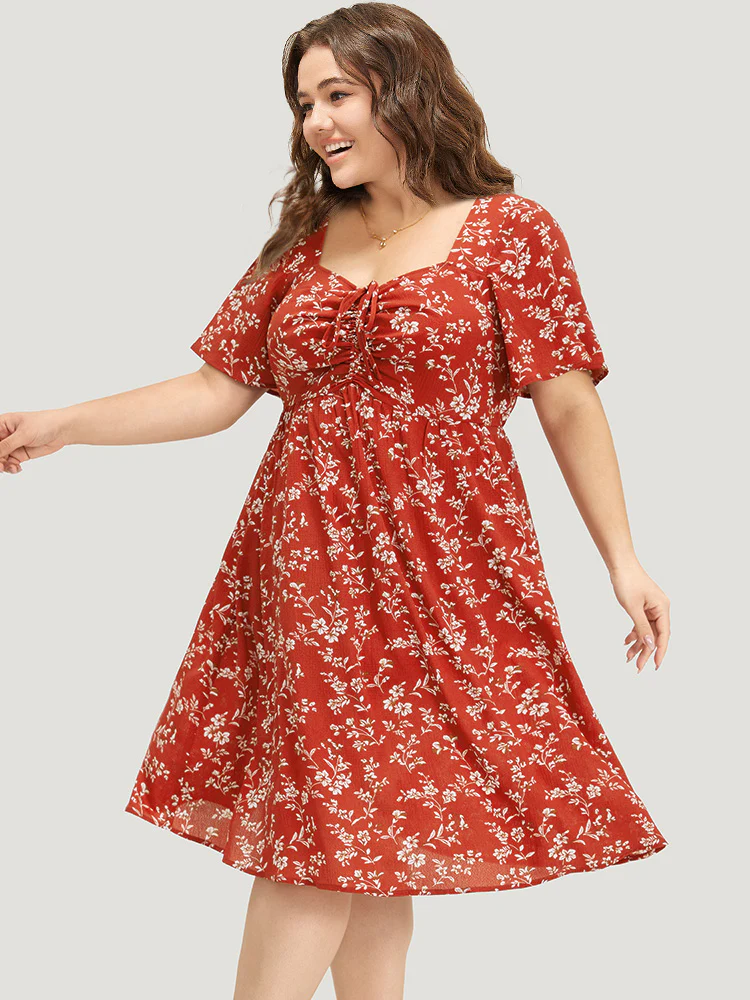 Floral Print Square Neck Ruched Ruffles Drawstring Dress - Image 3
