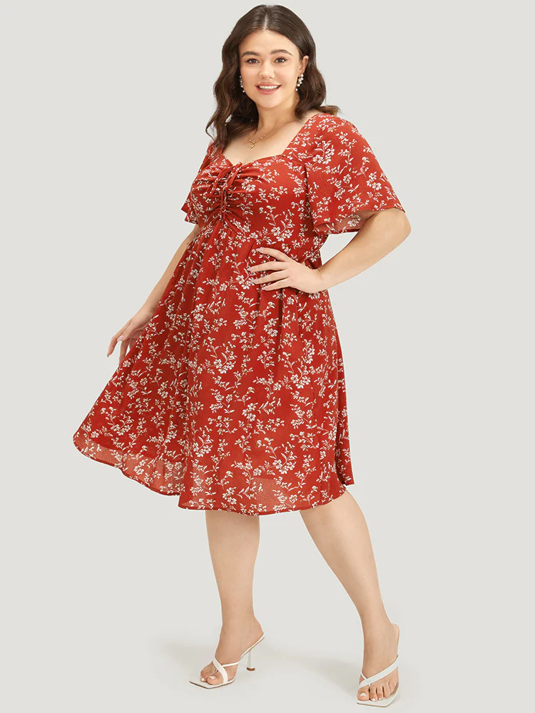 Floral Print Square Neck Ruched Ruffles Drawstring Dress - Image 4