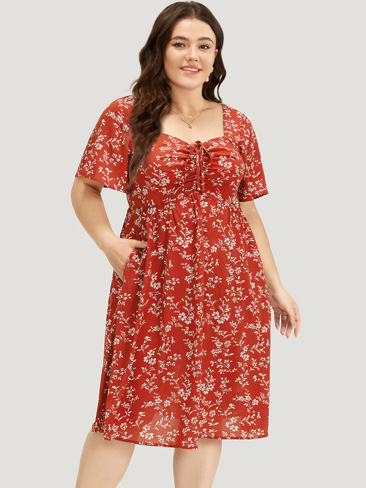 Floral Print Square Neck Ruched Ruffles Drawstring Dress - Image 5