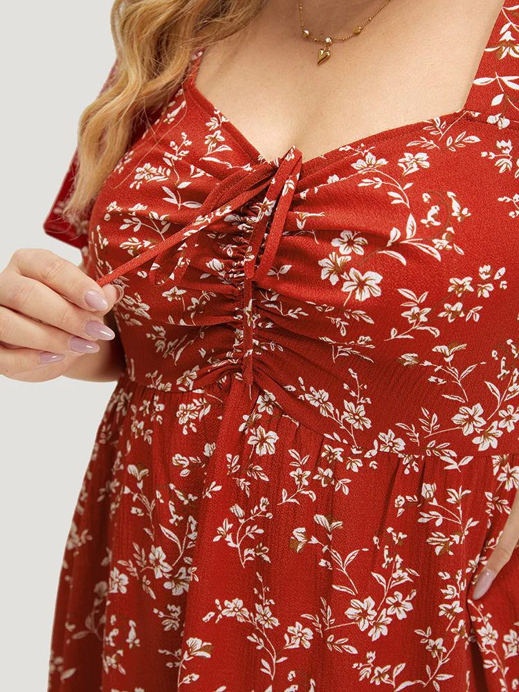 Floral Print Square Neck Ruched Ruffles Drawstring Dress - Image 6