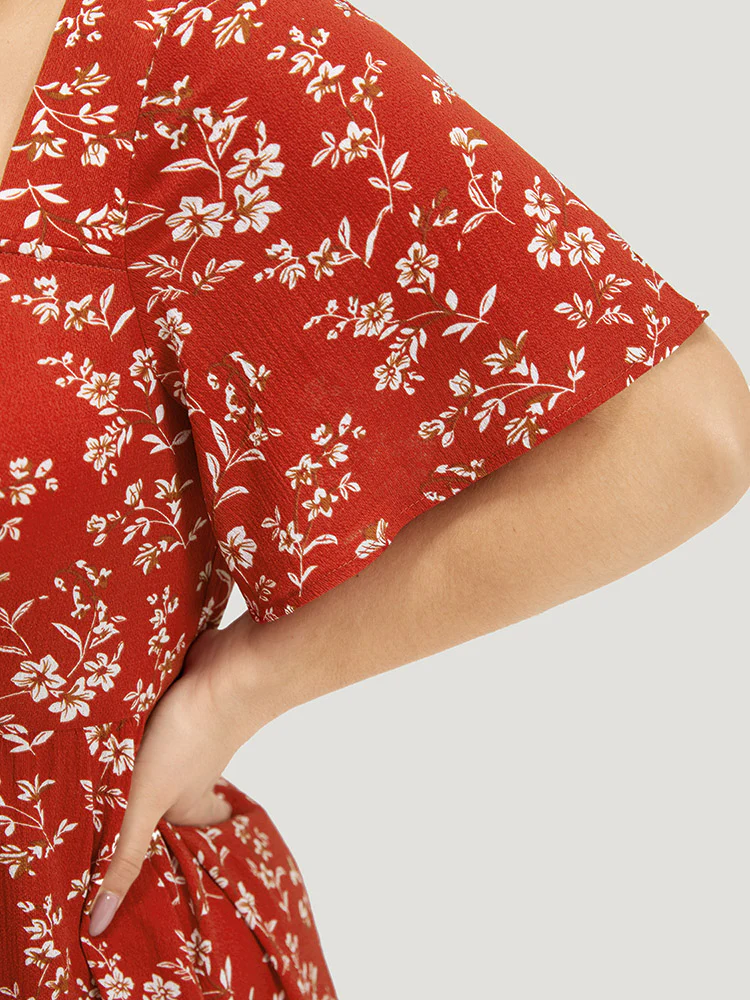 Floral Print Square Neck Ruched Ruffles Drawstring Dress - Image 7