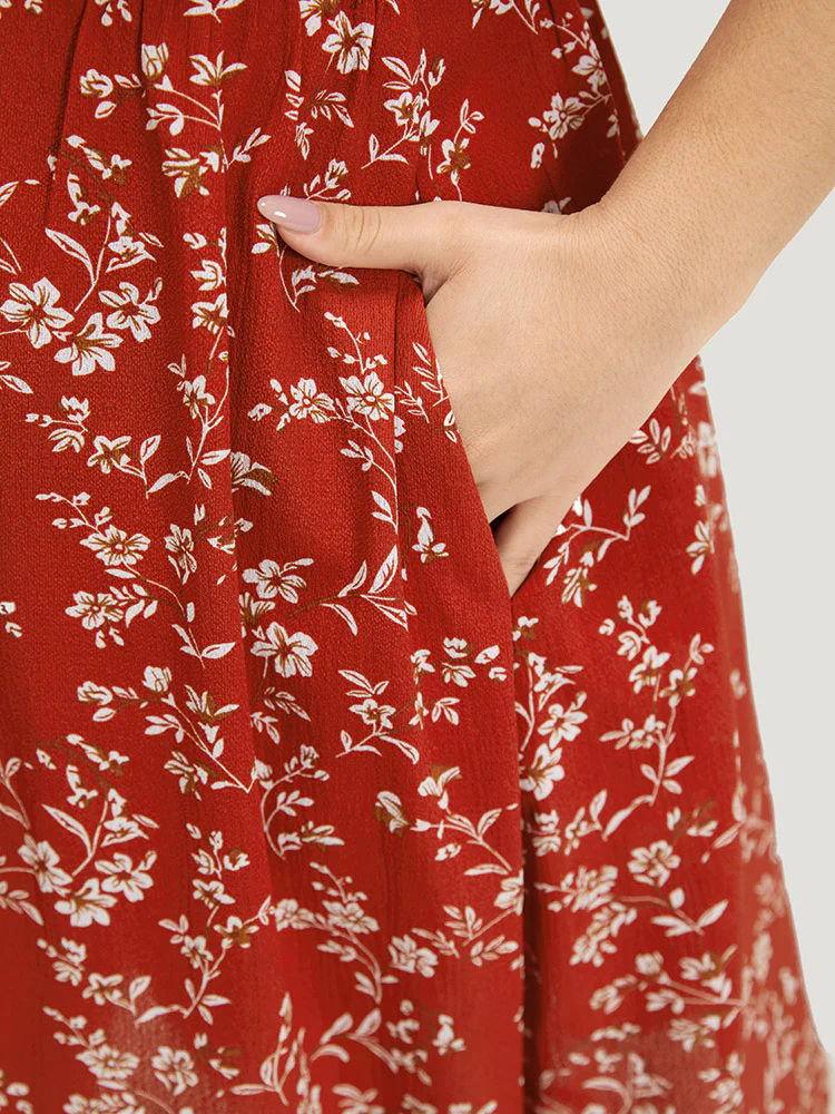 Floral Print Square Neck Ruched Ruffles Drawstring Dress - Image 8