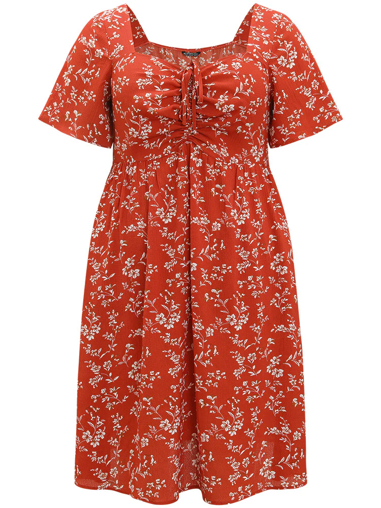 Floral Print Square Neck Ruched Ruffles Drawstring Dress - Image 9