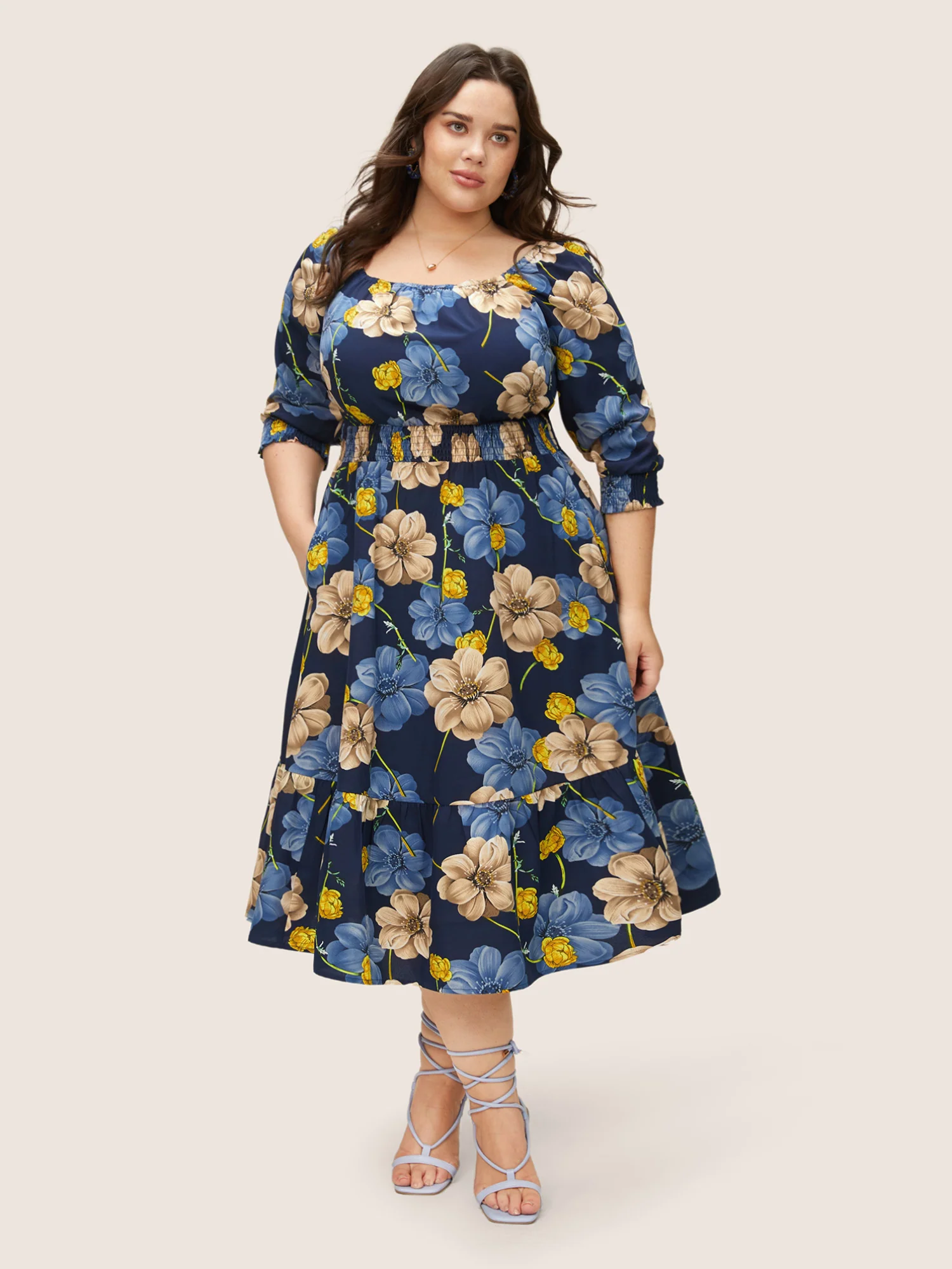 Floral Print Square Neck Shirred Cuffs Dress - Image 2