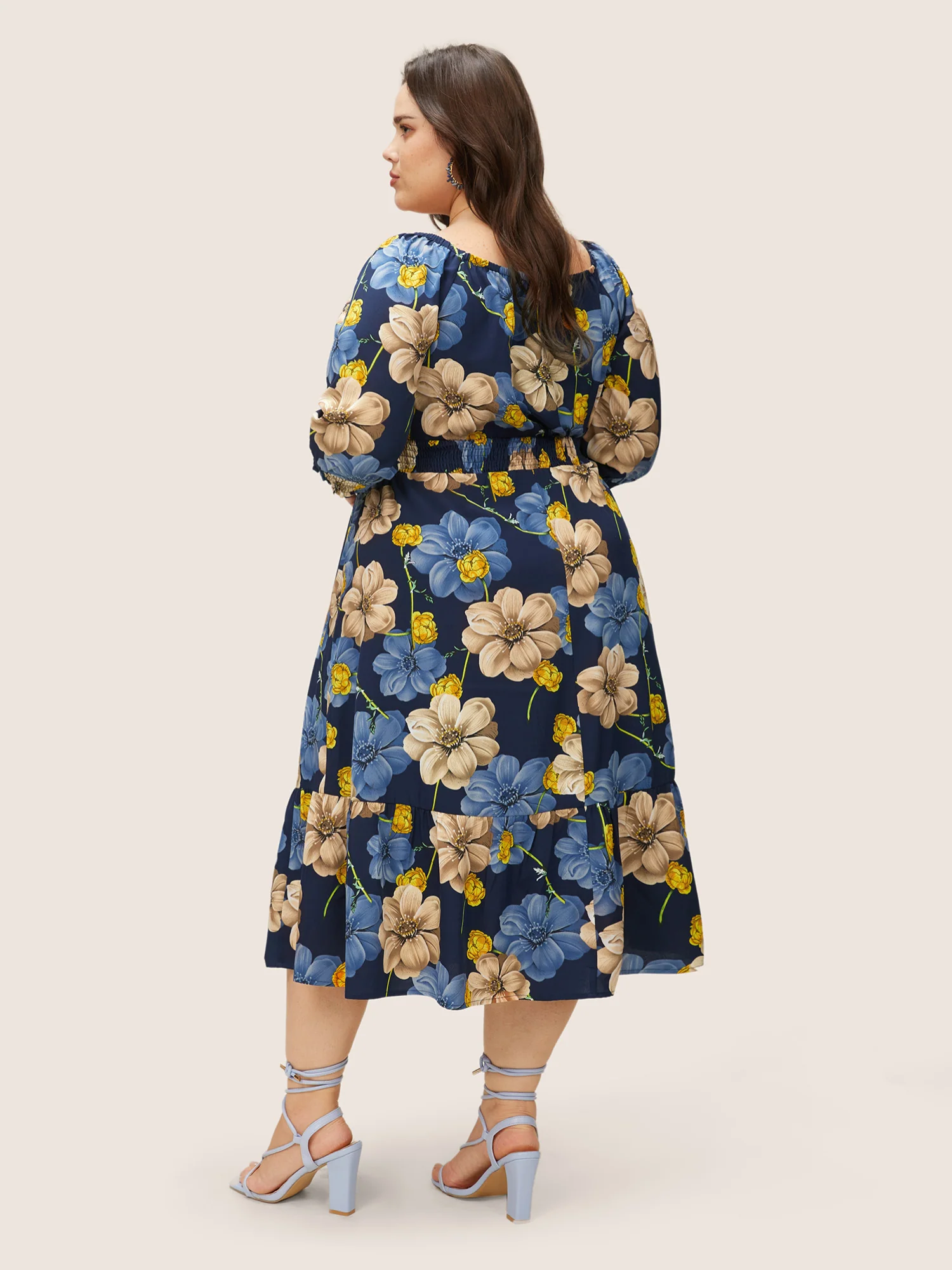 Floral Print Square Neck Shirred Cuffs Dress - Image 3
