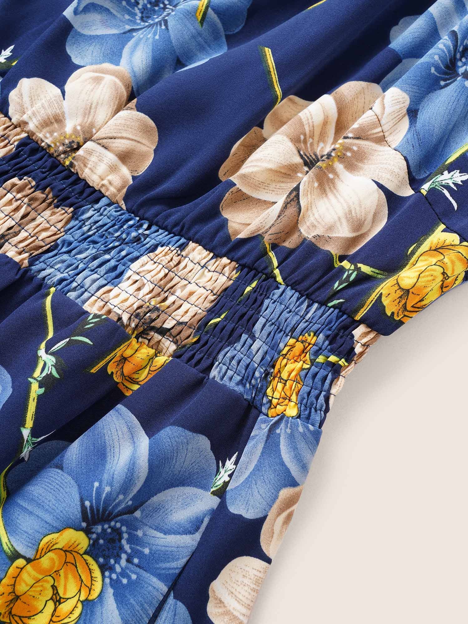 Floral Print Square Neck Shirred Cuffs Dress - Image 5