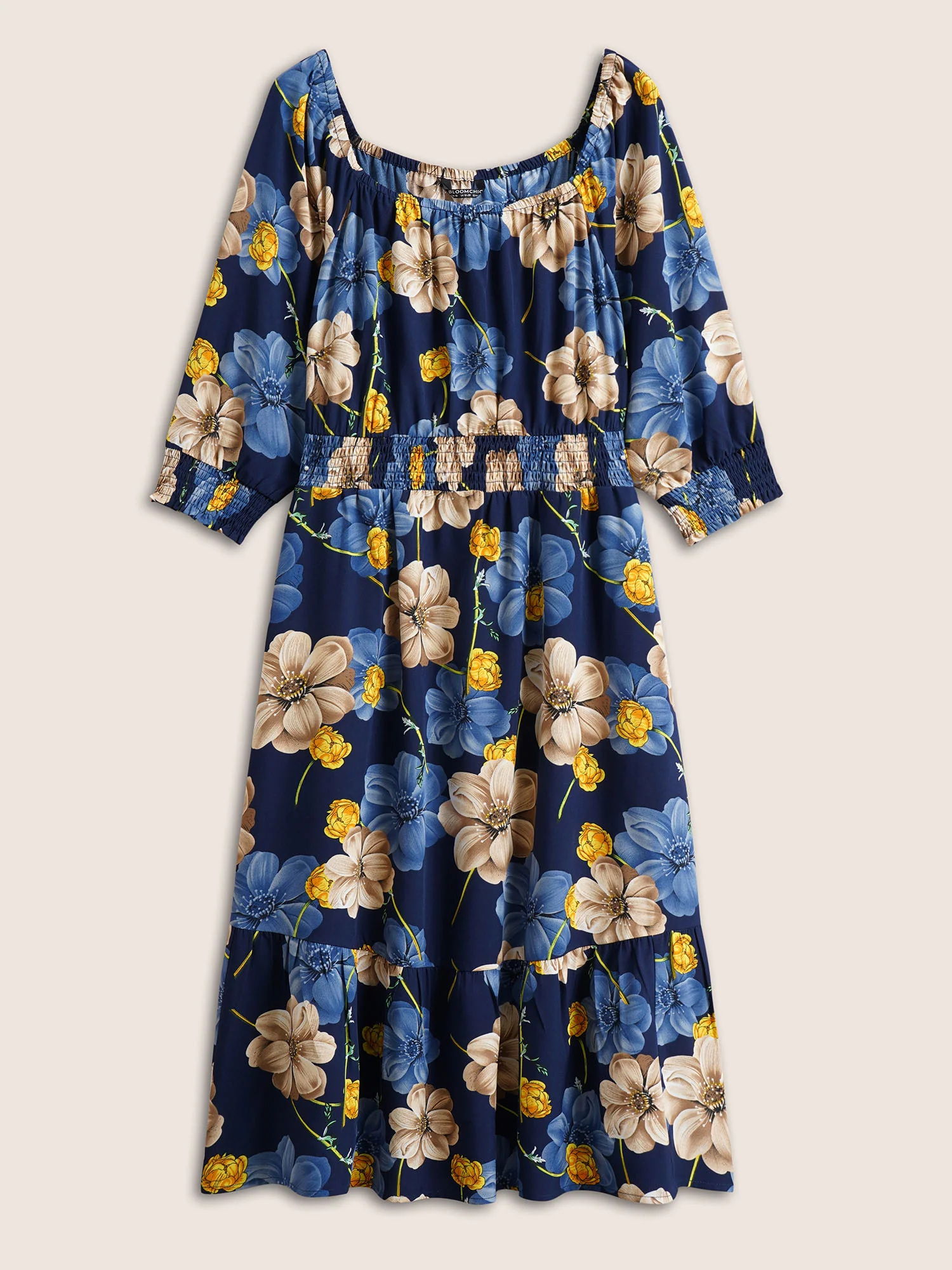 Floral Print Square Neck Shirred Cuffs Dress - Image 7