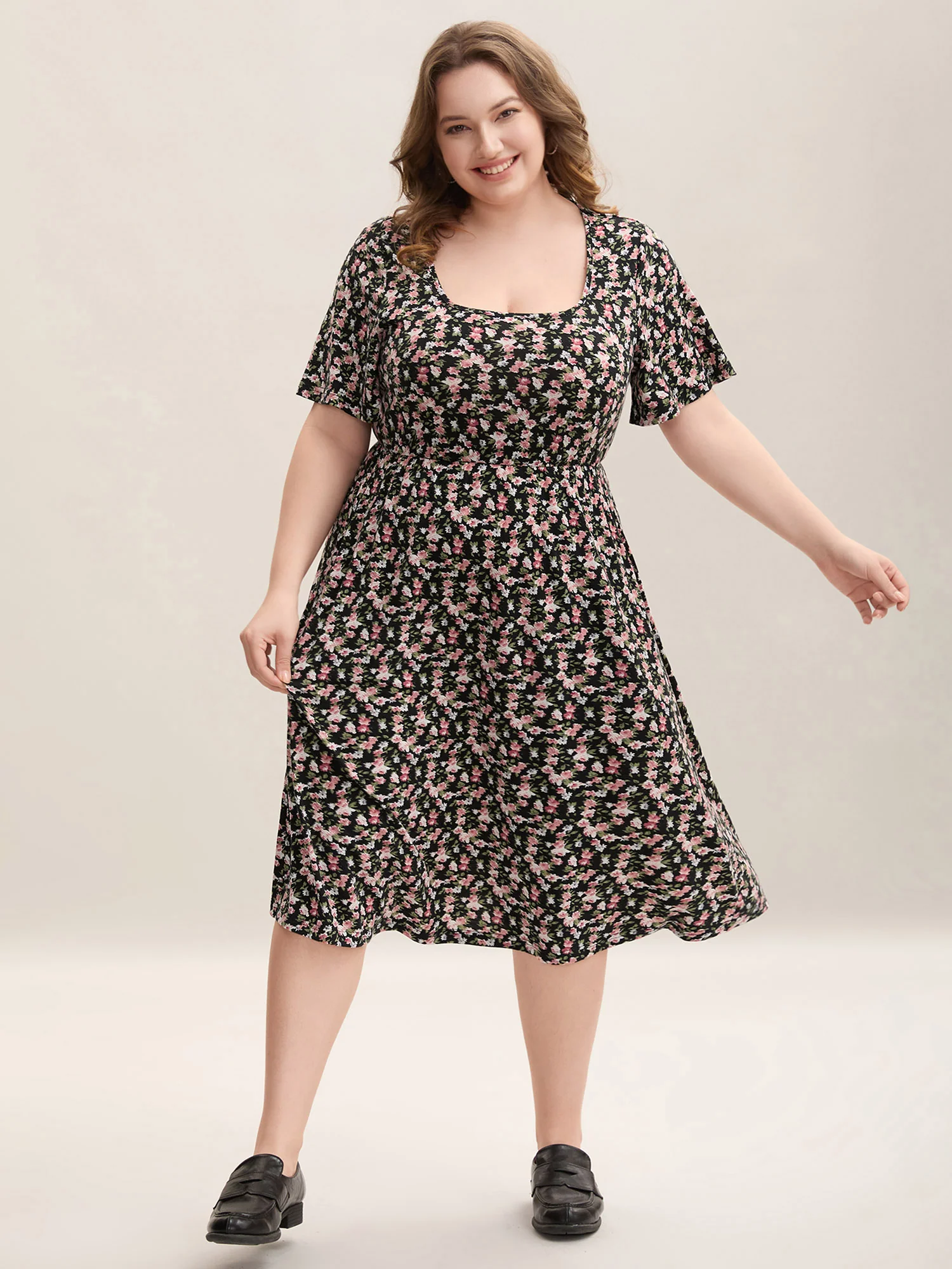 Floral Print Square Neck Straight-Fit Midi Dress - Image 3