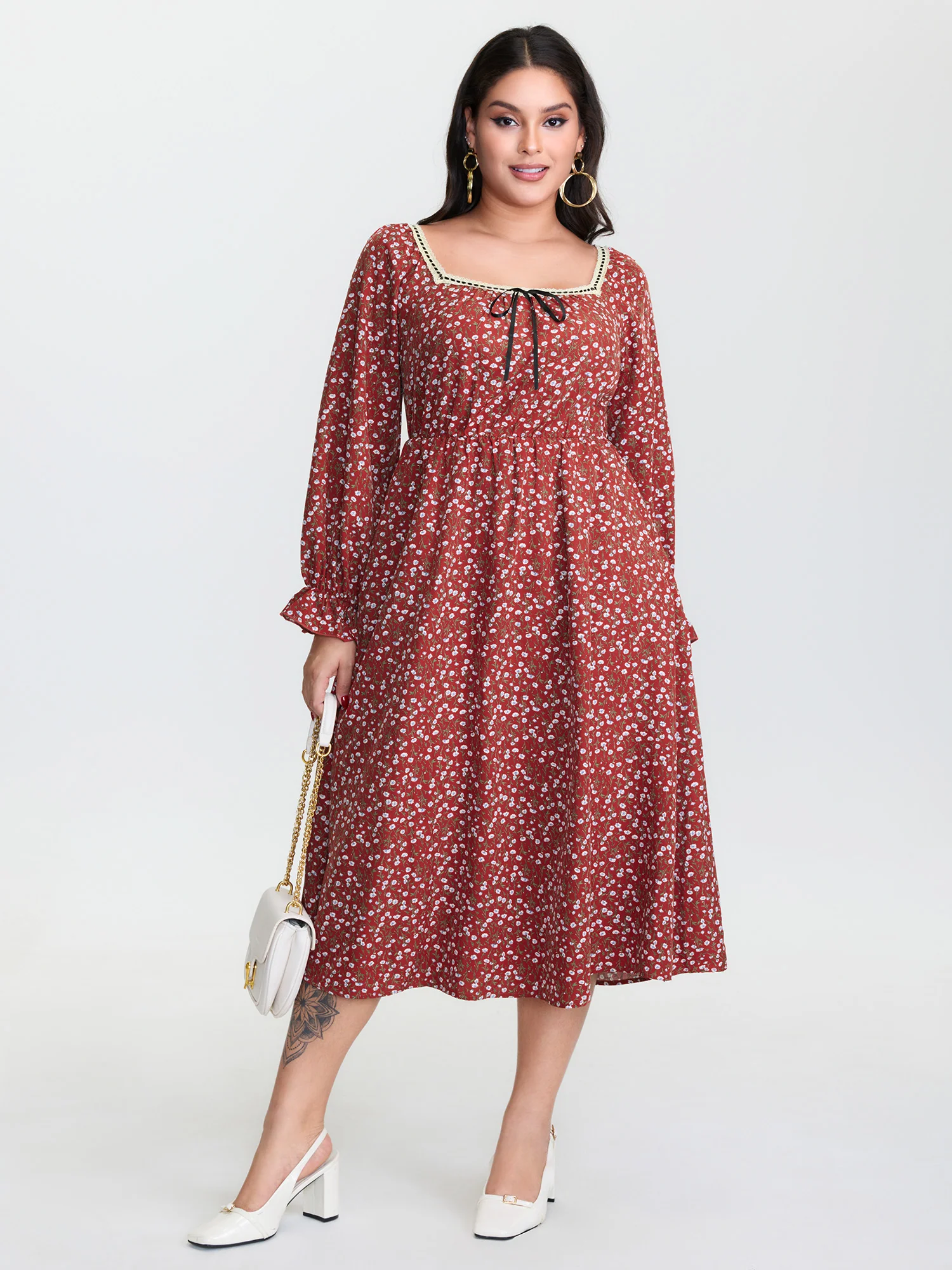 Floral Print Square Neckline Drawstring Midi Dress - Image 2