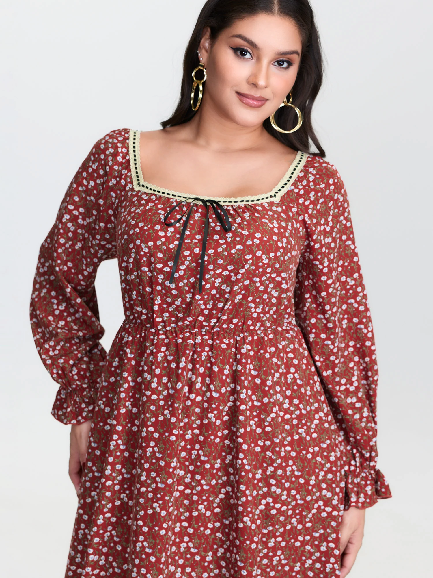 Floral Print Square Neckline Drawstring Midi Dress - Image 3