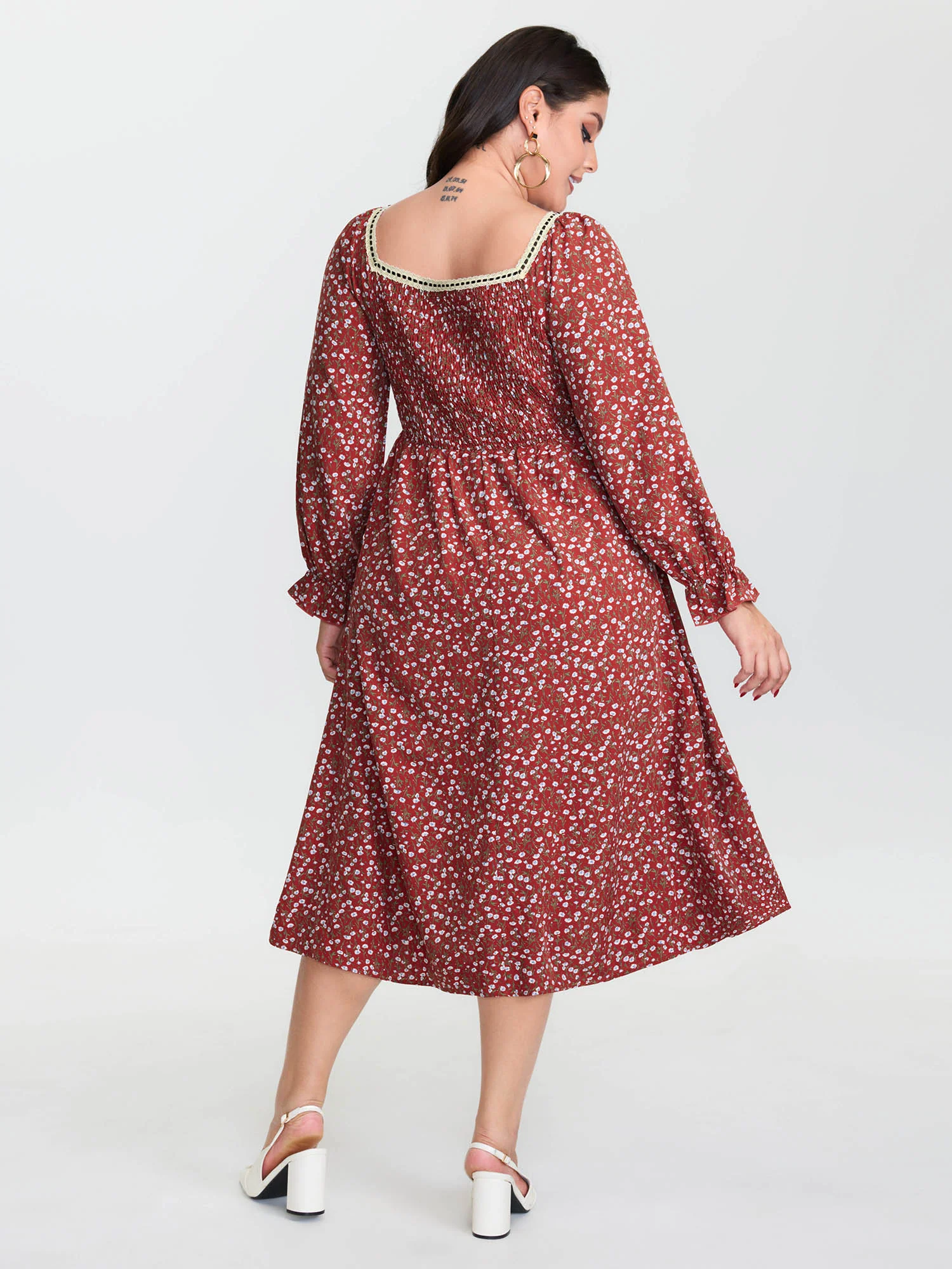 Floral Print Square Neckline Drawstring Midi Dress - Image 4