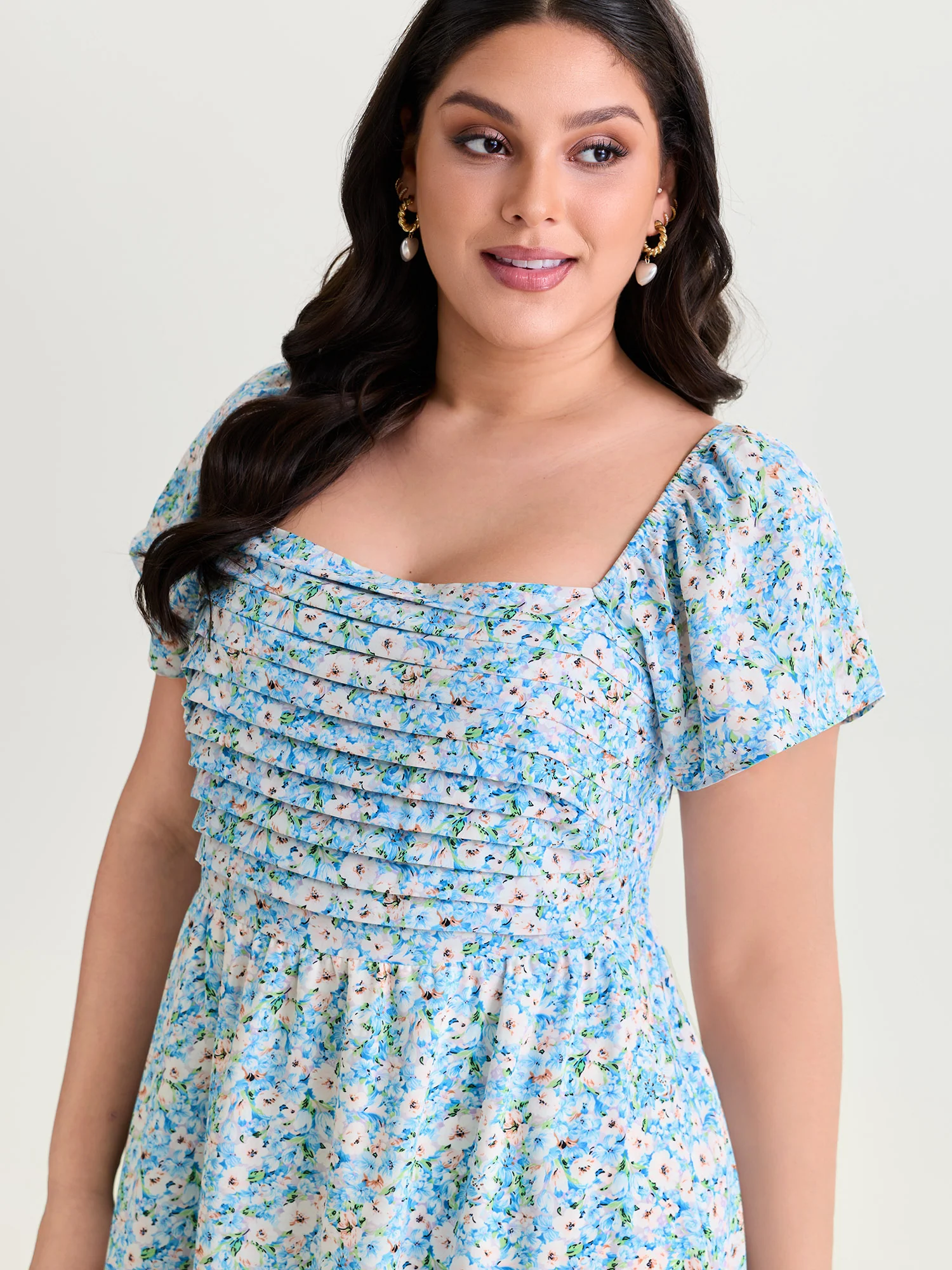Floral Print Square Neckline Pleated Midi Dress - Image 2