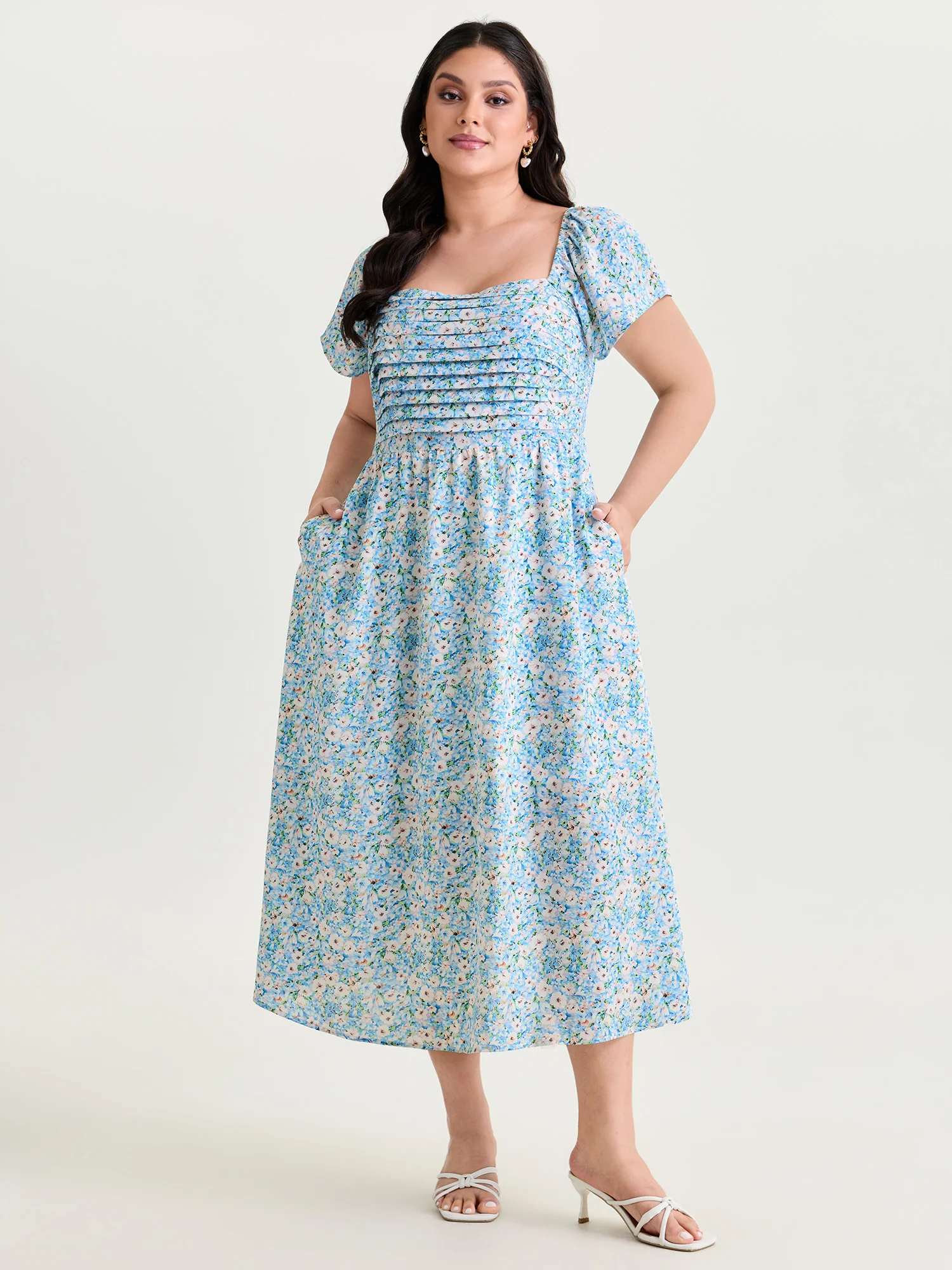 Floral Print Square Neckline Pleated Midi Dress - Image 3