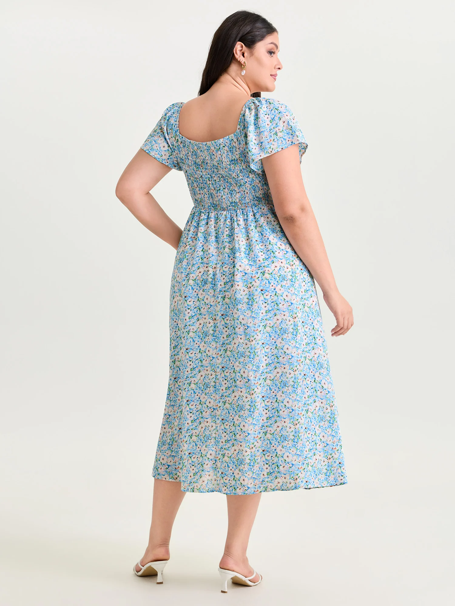Floral Print Square Neckline Pleated Midi Dress - Image 4