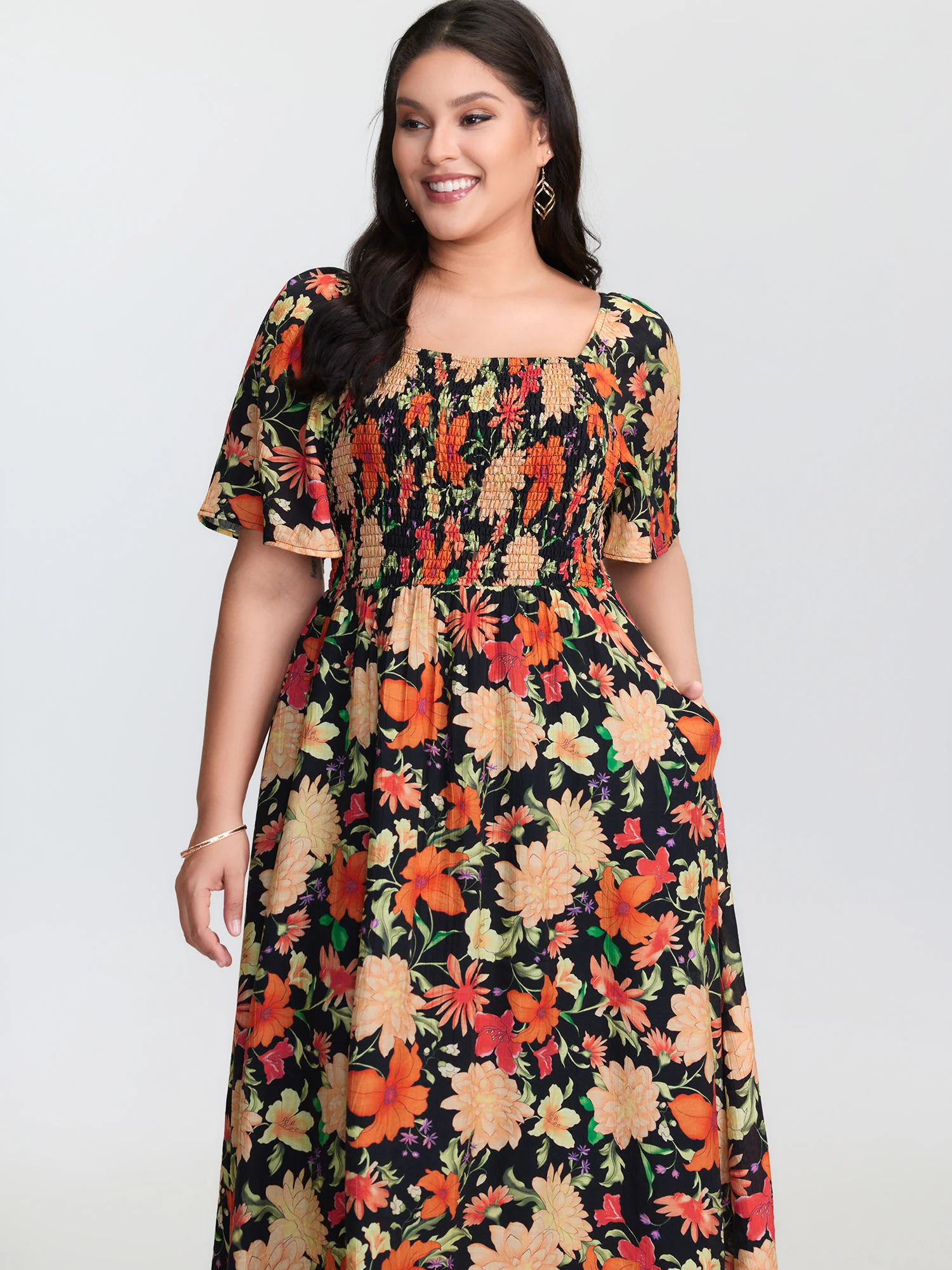 Floral Print Square Neckline Shirred Bodice Midi Dress - Image 2
