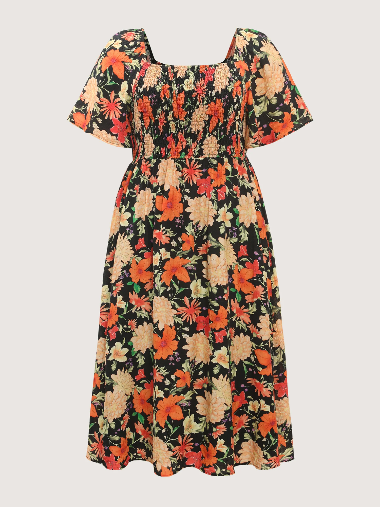 Floral Print Square Neckline Shirred Bodice Midi Dress - Image 7