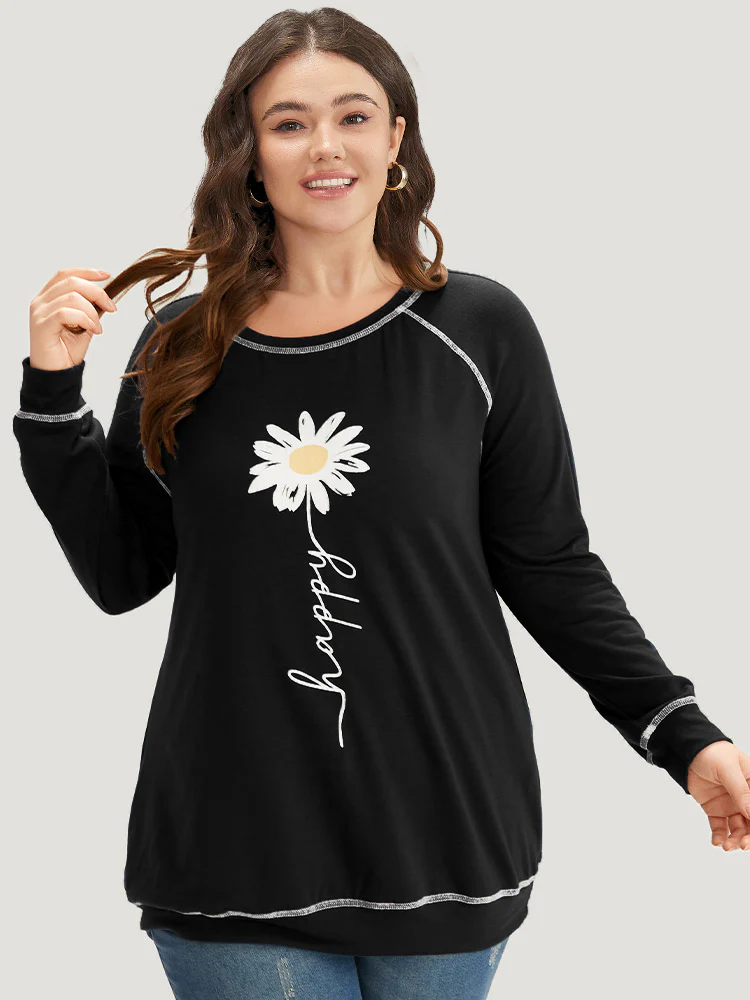 Floral Print Stitch Crew Neck Raglan Sleeve Sweatshirt - Image 10