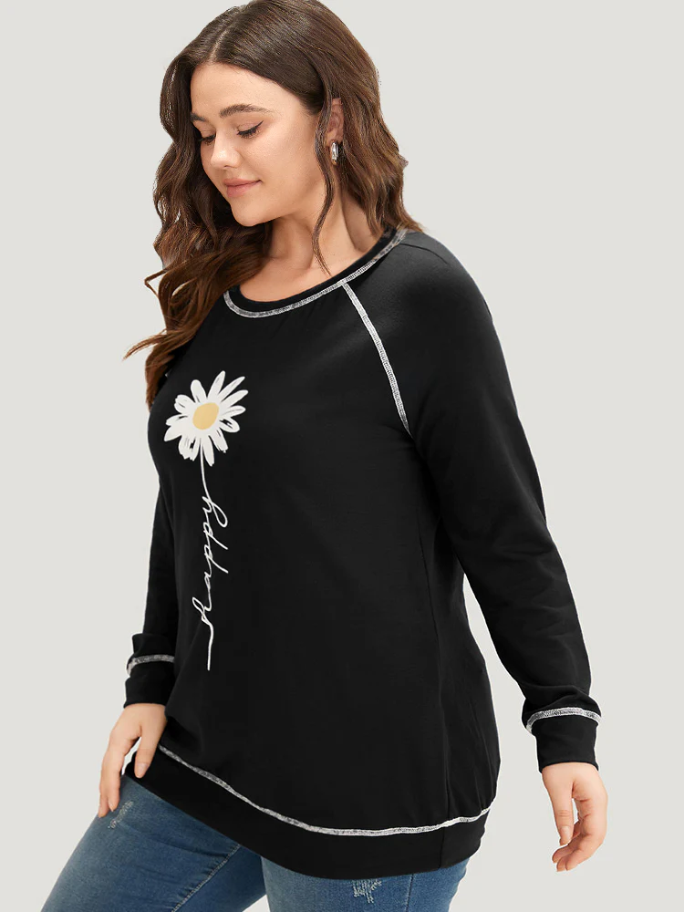 Floral Print Stitch Crew Neck Raglan Sleeve Sweatshirt - Image 11