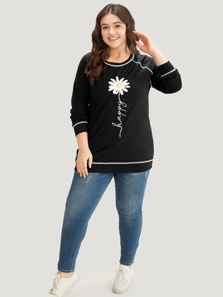 Floral Print Stitch Crew Neck Raglan Sleeve Sweatshirt - Image 12
