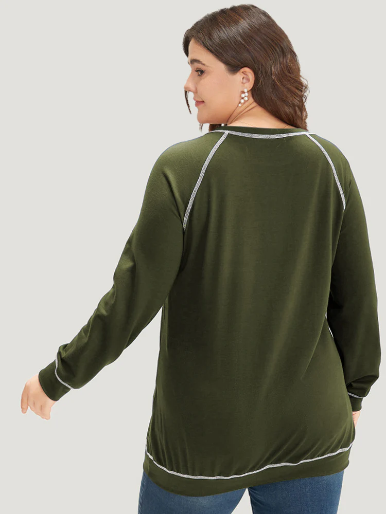 Floral Print Stitch Crew Neck Raglan Sleeve Sweatshirt - Image 2