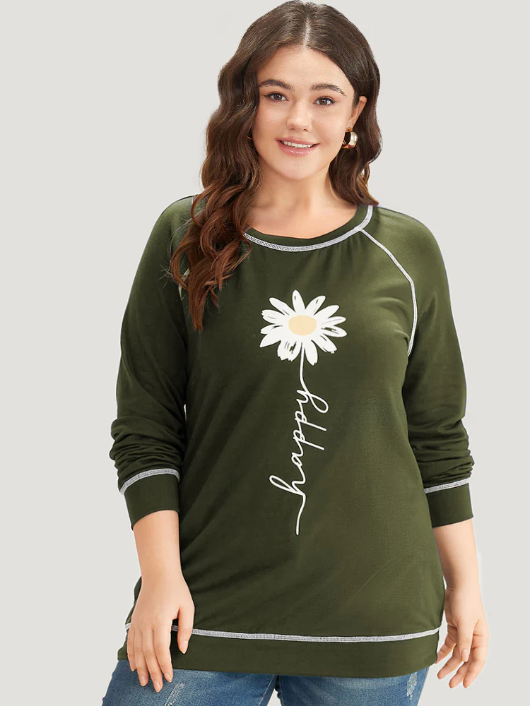 Floral Print Stitch Crew Neck Raglan Sleeve Sweatshirt - Image 3