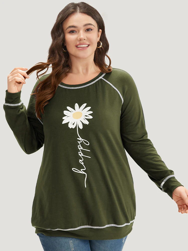 Floral Print Stitch Crew Neck Raglan Sleeve Sweatshirt - Image 4