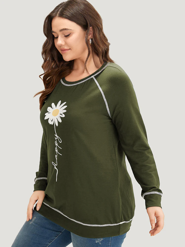 Floral Print Stitch Crew Neck Raglan Sleeve Sweatshirt - Image 5