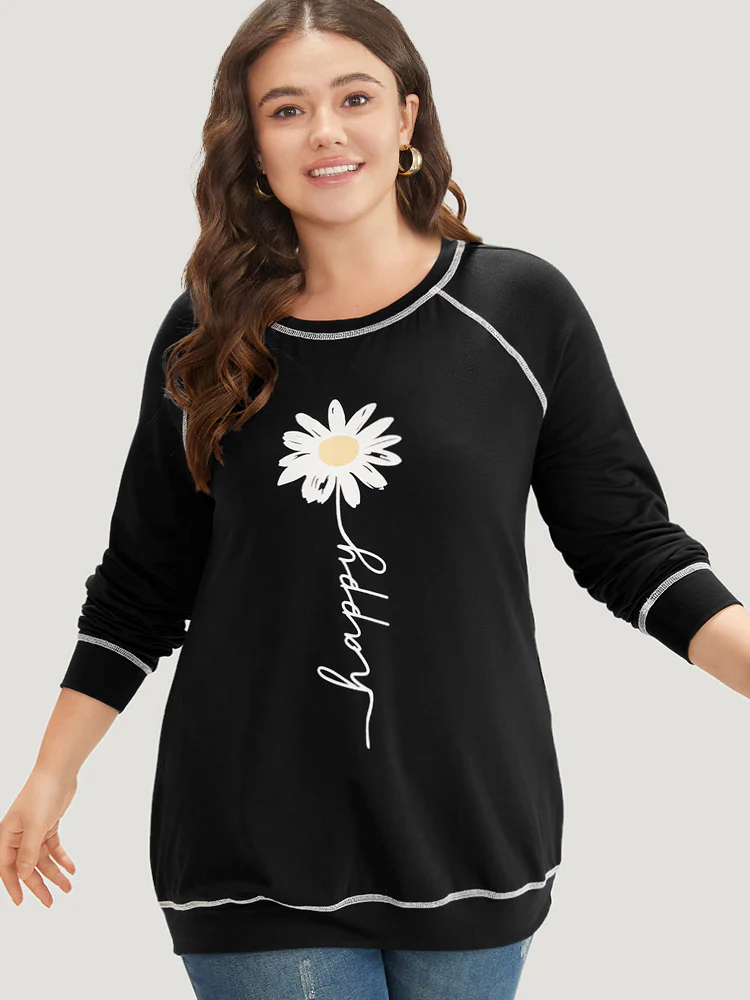 Floral Print Stitch Crew Neck Raglan Sleeve Sweatshirt - Image 7