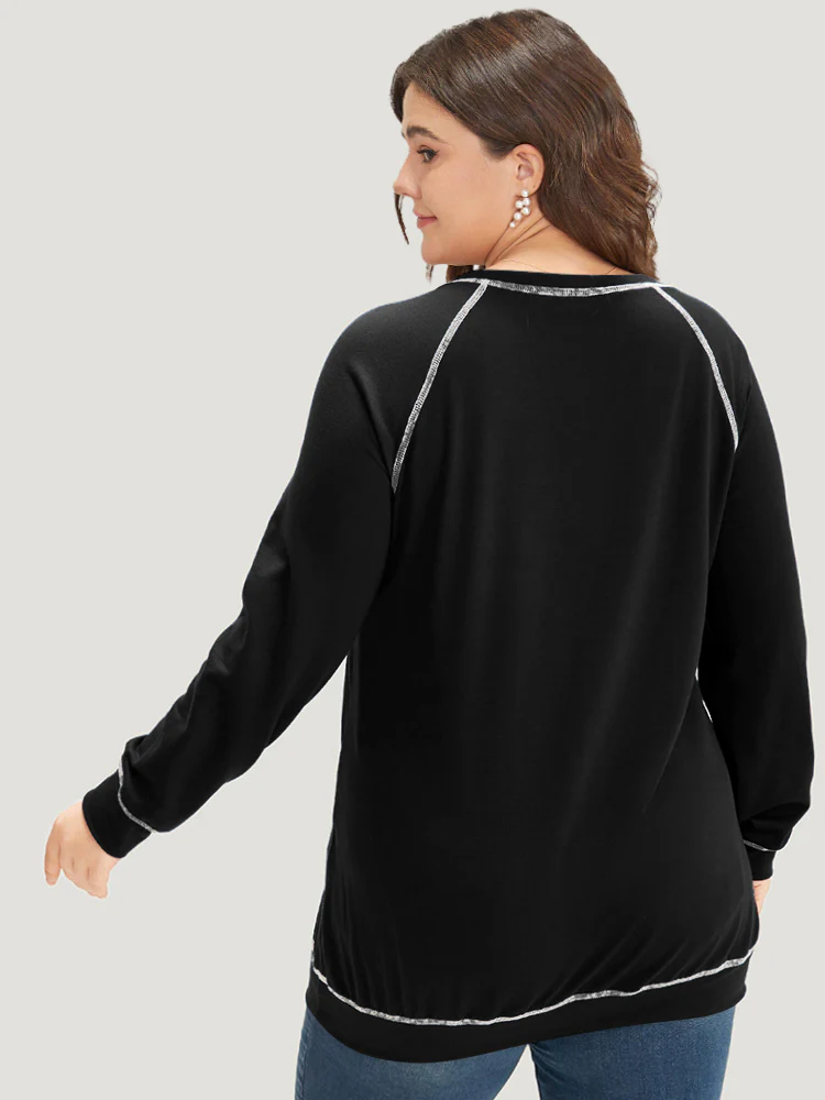 Floral Print Stitch Crew Neck Raglan Sleeve Sweatshirt - Image 8