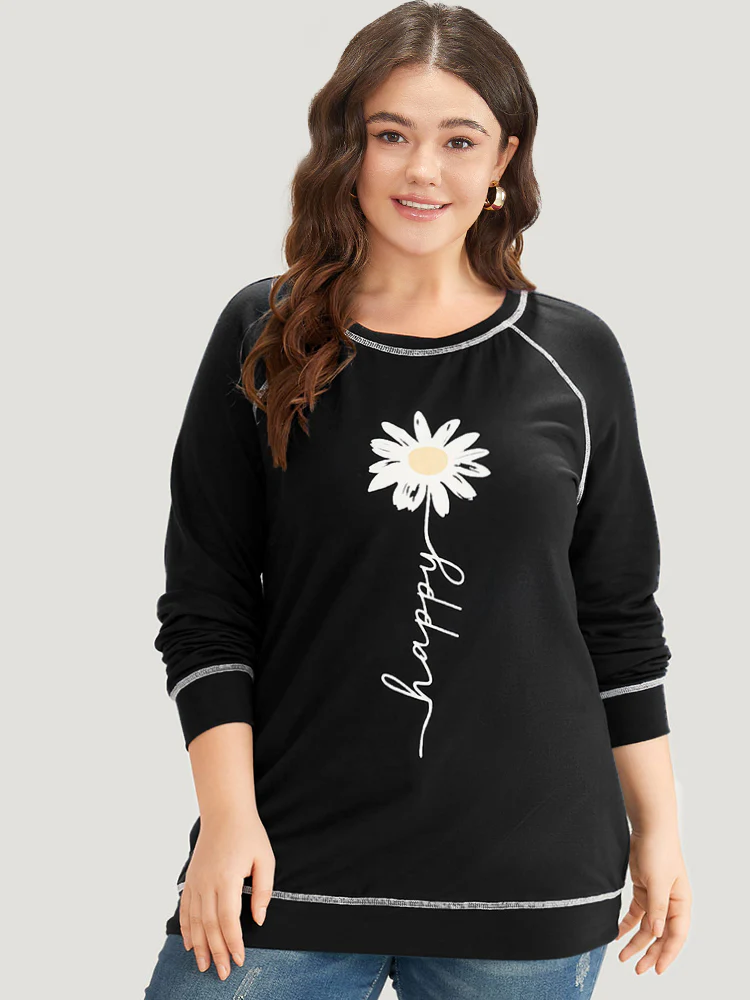 Floral Print Stitch Crew Neck Raglan Sleeve Sweatshirt - Image 9