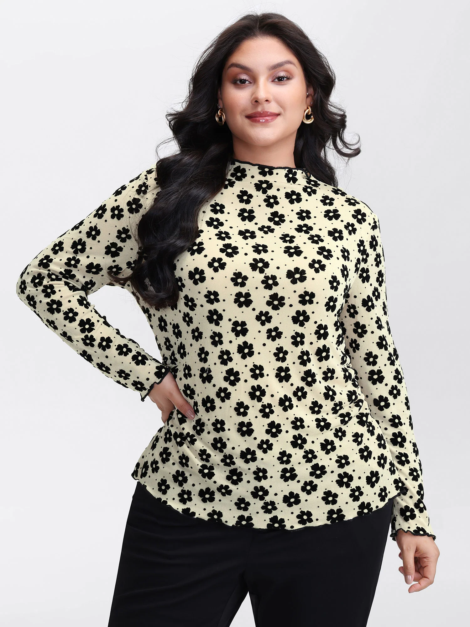 Floral Print Stretchy Mock Neck T-Shirt - Image 2
