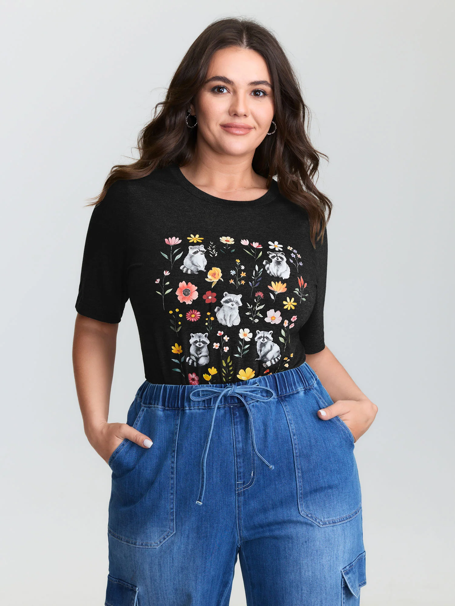 Floral Print Stretchy Round Neck T-Shirt - Image 2