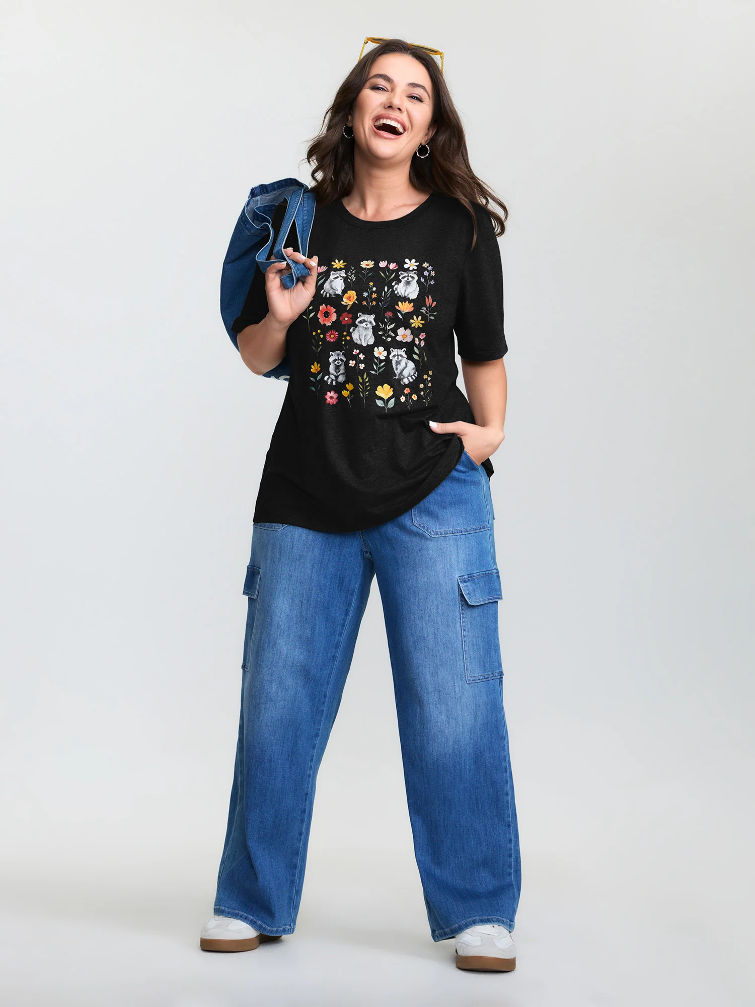 Floral Print Stretchy Round Neck T-Shirt - Image 3